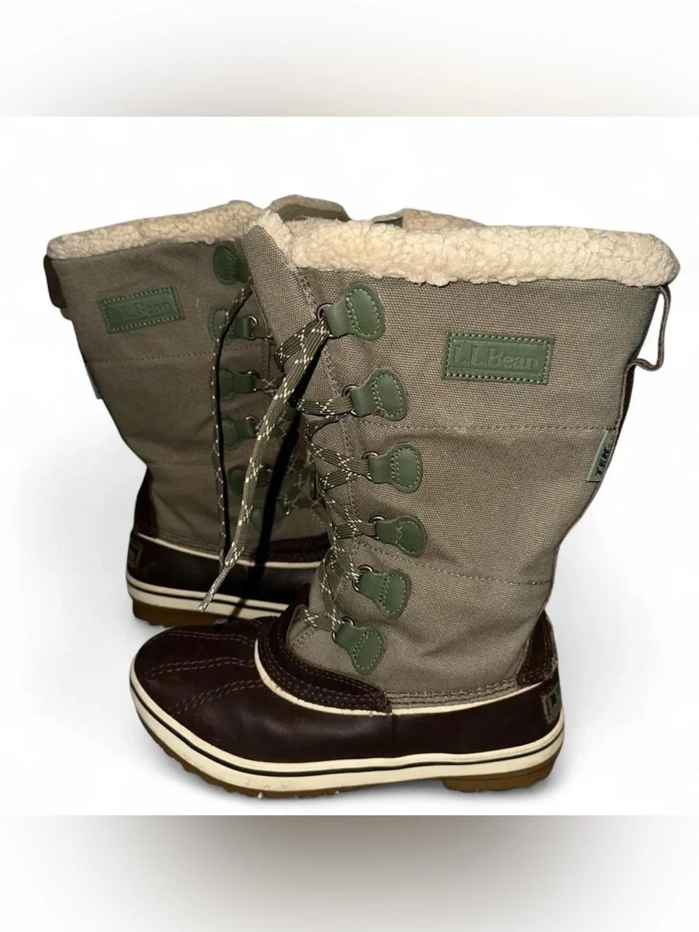 L.L. Bean Tall Lace-Up Winter Boot in Olive Canvas and Brown Leather
